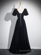 Black Short Sleeves A-line Simple Evening Prom Dress, Black Party Dress Bridesmaid Dress