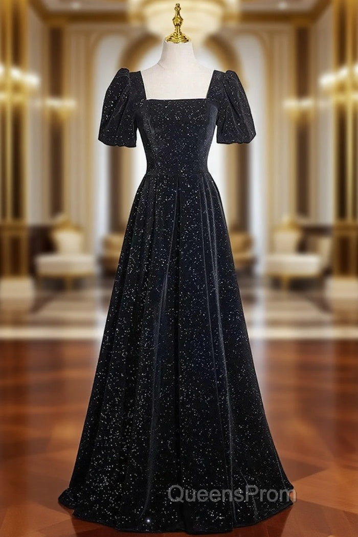 Black Short Sleeves A-line Simple Evening Prom Dress, Black Party Dress Bridesmaid Dress Main image