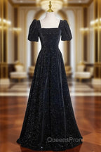 Black Short Sleeves A-line Simple Evening Prom Dress, Black Party Dress Bridesmaid Dress