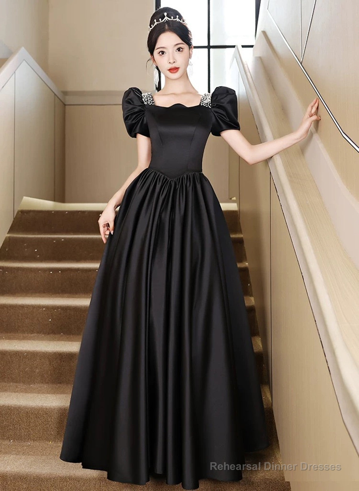 Black Short Sleeves Beaded A-line Satin Prom Dress, Black Satin Party Dress Secondary image