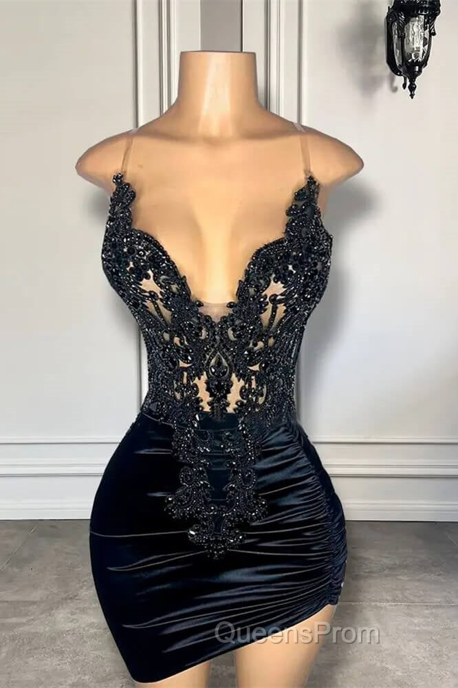 Black Sleeveless Short Evening Prom Dress with Spaghetti Straps and Beadings Secondary image