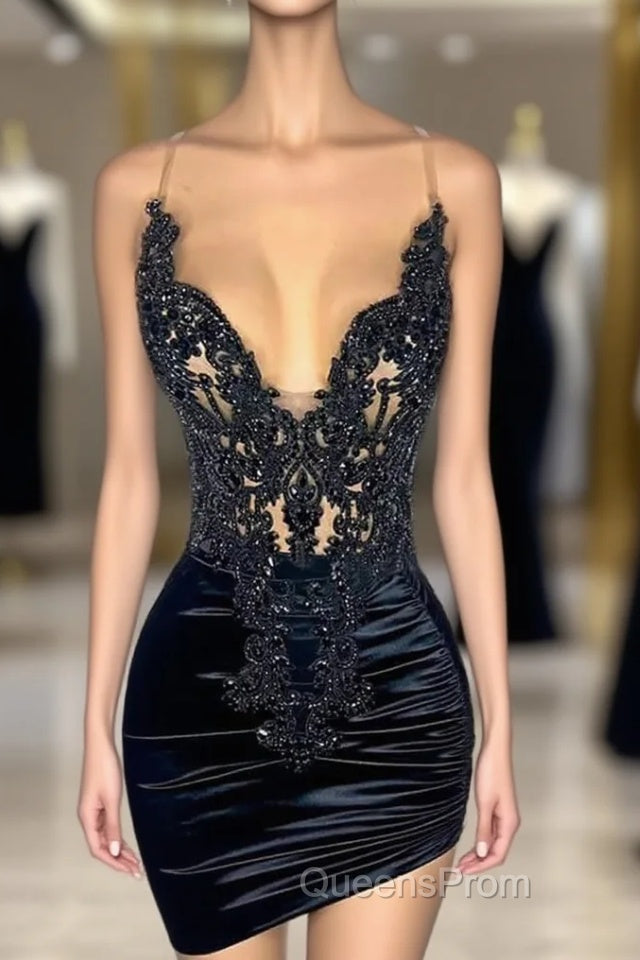 Black Sleeveless Short Evening Prom Dress with Spaghetti Straps and Beadings Main image