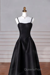 Black Spaghetti Strap Satin Long Evening Prom Dress, A-Line Backless Evening Party Dress