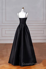 Black Spaghetti Strap Satin Long Evening Prom Dress, A-Line Backless Evening Party Dress