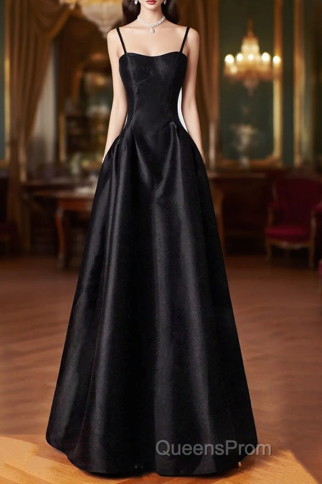 Black Spaghetti Strap Satin Long Evening Prom Dress, A-Line Backless Evening Party Dress Main image