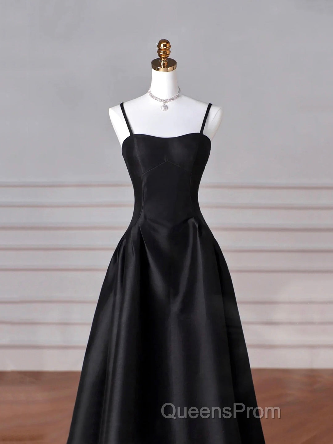 Black Spaghetti Strap Satin Long Evening Prom Dress, Black A-Line Evening Dress Secondary image