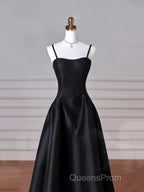 Black Spaghetti Strap Satin Long Evening Prom Dress, Black A-Line Evening Dress