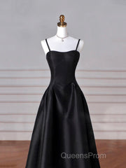 Black Spaghetti Strap Satin Long Evening Prom Dress, Black A-Line Evening Dress