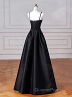 Black Spaghetti Strap Satin Long Evening Prom Dress, Black A-Line Evening Dress