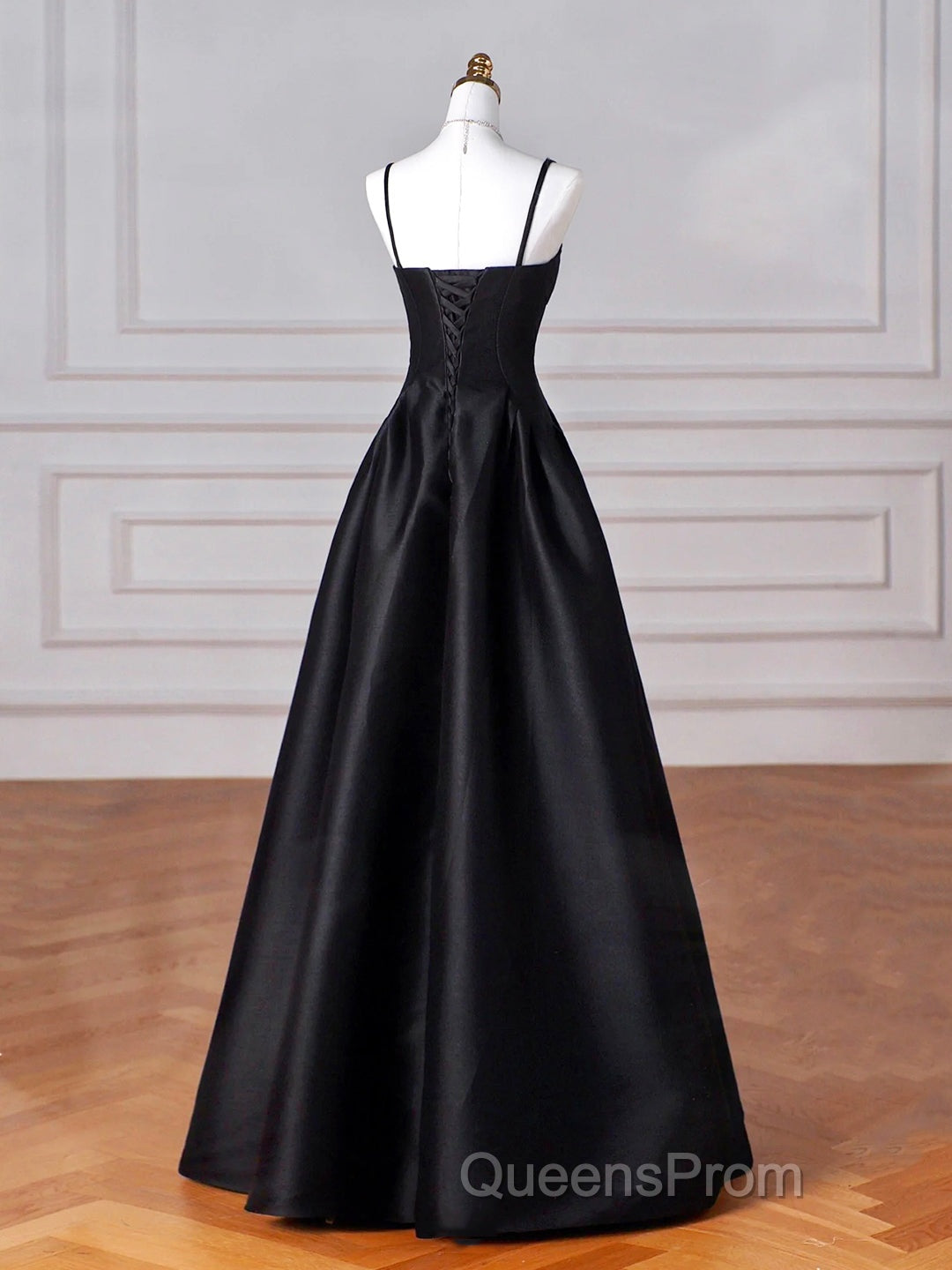 Black Spaghetti Strap Satin Long Evening Prom Dress, Black A-Line Evening Dress