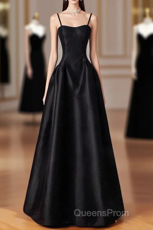 Black Spaghetti Strap Satin Long Evening Prom Dress, Black A-Line Evening Dress Main image