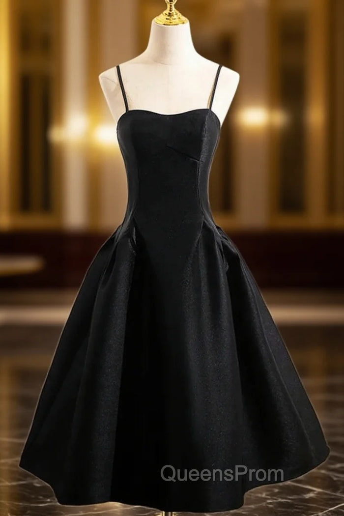 Black Spaghetti Strap Satin Evening Prom Dress