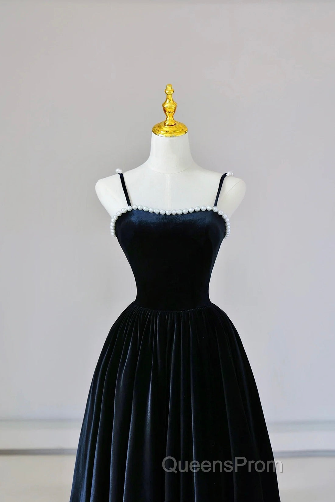 Black Spaghetti Strap Velvet Long Evening Prom Dress With Pearls, A-Line Evening Dress Party Dress Secondary image