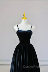 Black Spaghetti Strap Velvet Long Evening Prom Dress With Pearls, A-Line Evening Dress Party Dress