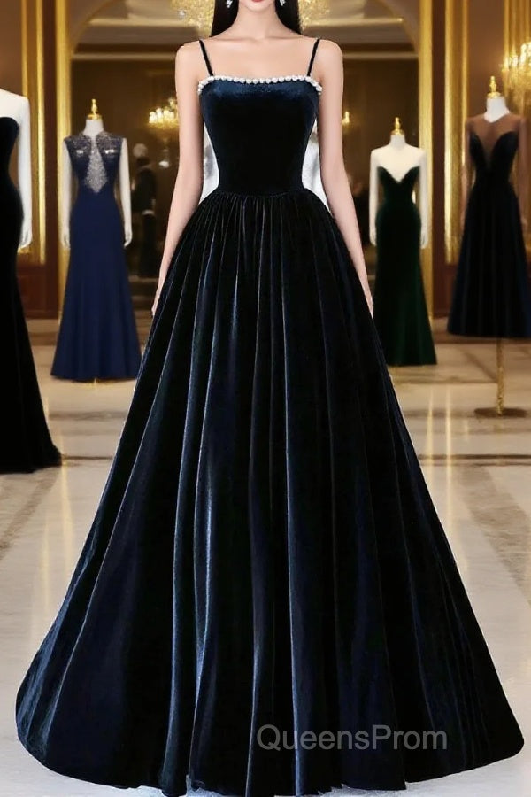 Black Spaghetti Strap Velvet Long Evening Prom Dress With Pearls, A-Line Evening Dress Party Dress Main image