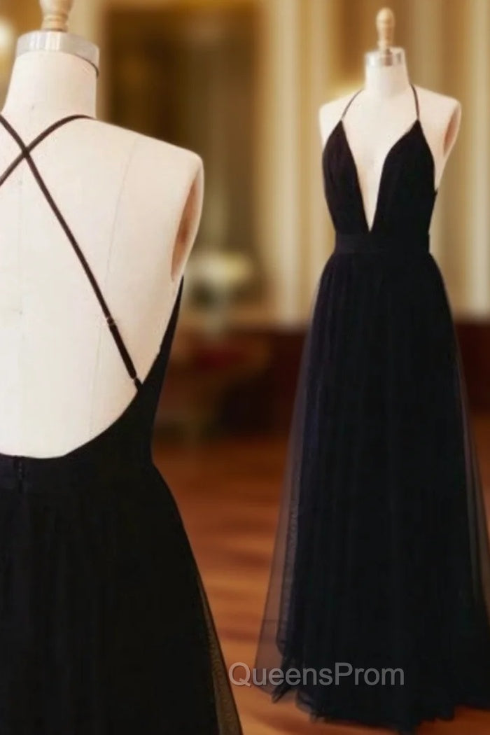 Black Spaghetti Straps Evening Prom Dress Open Back Graduation Dress Main image
