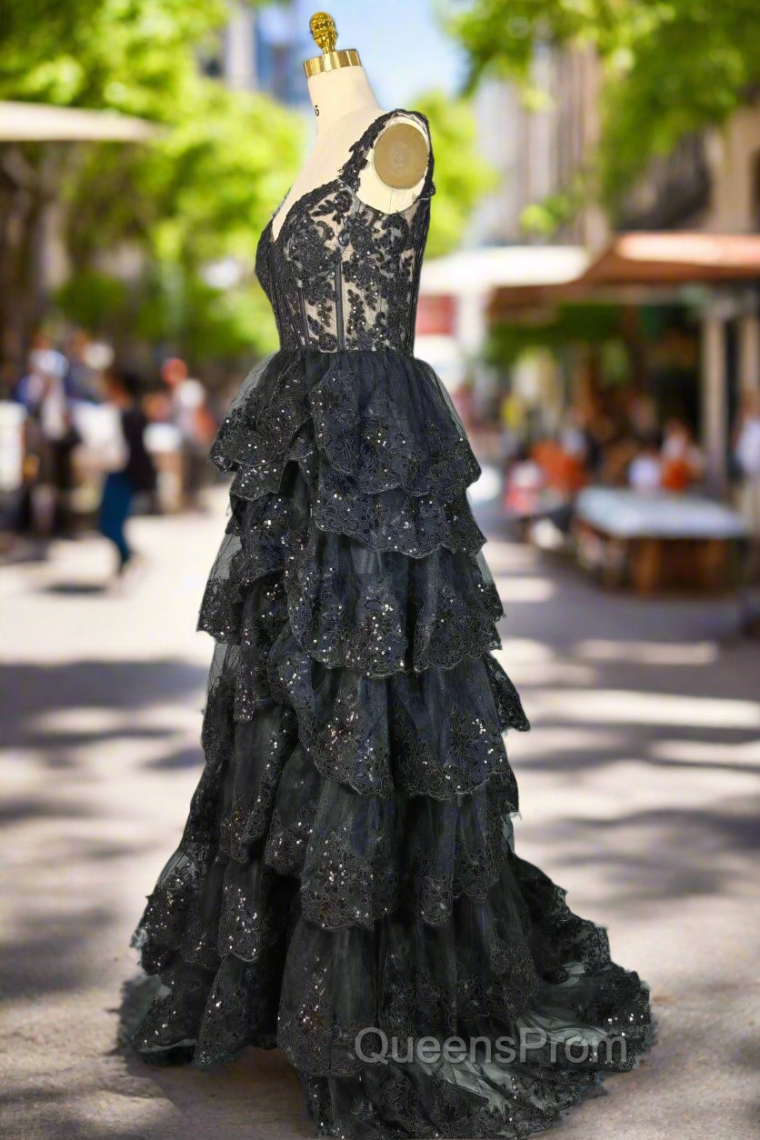 Black Sparkly Corset Evening Prom Dress Off The Shoulder Tiered A-Line Sweetheart Neck Tulle Lace Evening Dress Secondary image