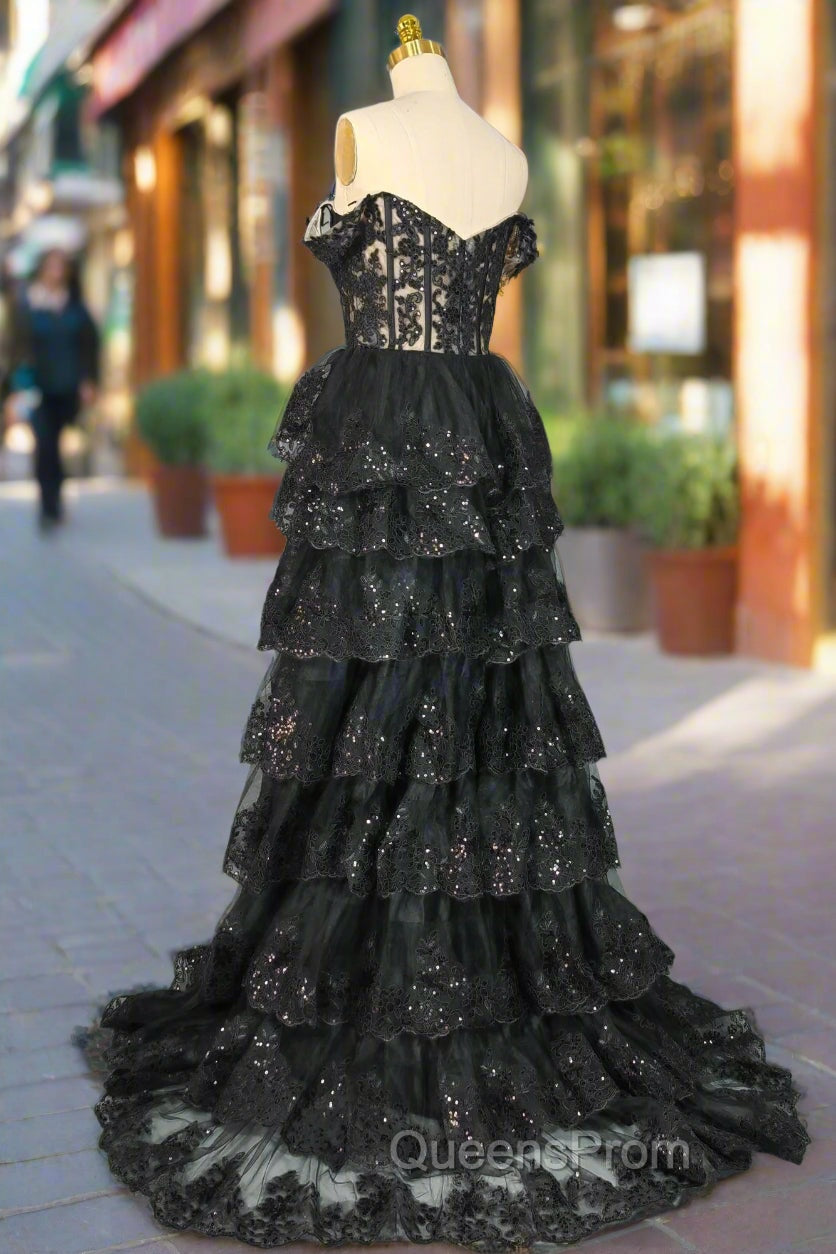 Black Sparkly Corset Evening Prom Dress Off The Shoulder Tiered A-Line Sweetheart Neck Tulle Lace Evening Dress