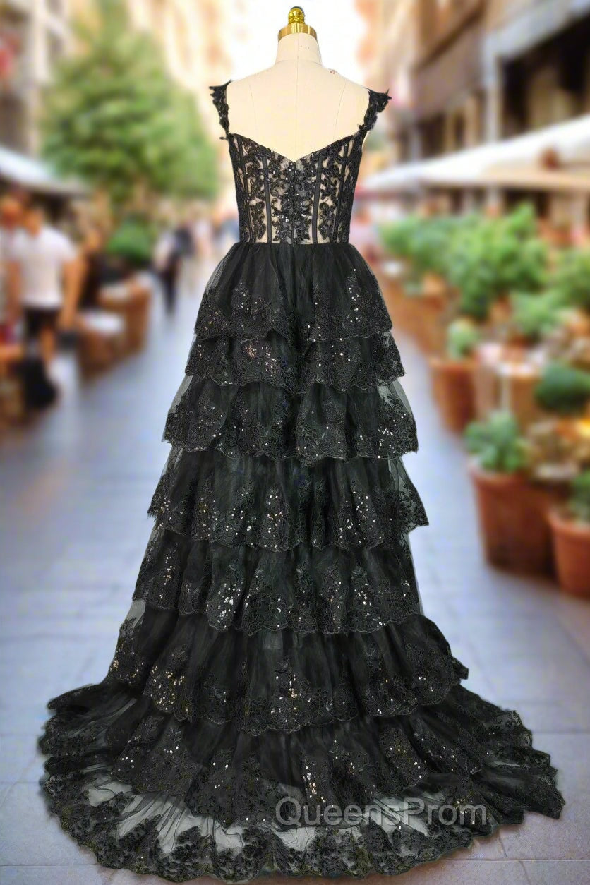 Black Sparkly Corset Evening Prom Dress Off The Shoulder Tiered A-Line Sweetheart Neck Tulle Lace Evening Dress