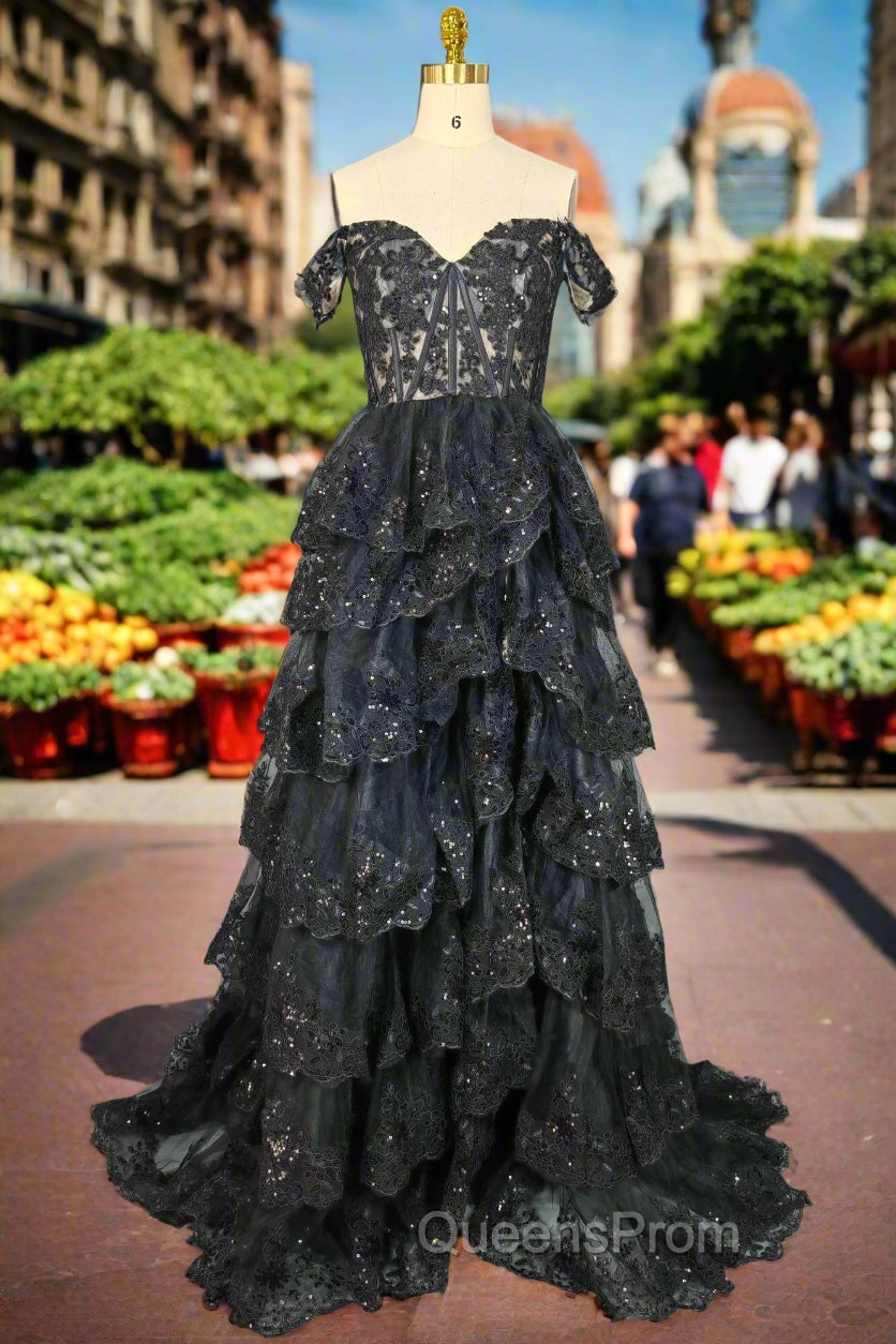 Black Sparkly Corset Evening Prom Dress Off The Shoulder Tiered A-Line Sweetheart Neck Tulle Lace Evening Dress Main image