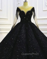 Black Sparkly Long Sleeve Wedding Ball Gown Dress