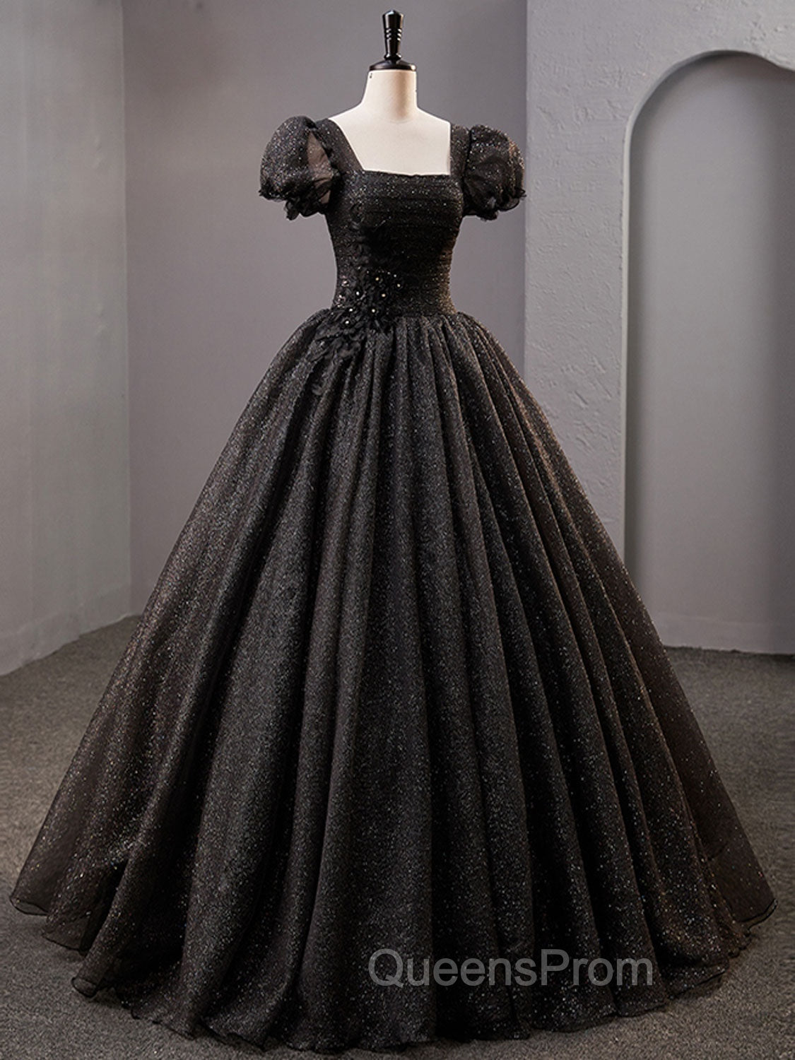 Black Square Neckline Tulle Long Evening Prom Dress, Shiny Tulle Black Evening Dress