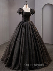 Black Square Neckline Tulle Long Evening Prom Dress, Shiny Tulle Black Evening Dress