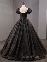 Black Square Neckline Tulle Long Evening Prom Dress, Shiny Tulle Black Evening Dress