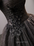 Black Square Neckline Tulle Long Evening Prom Dress, Shiny Tulle Black Evening Dress