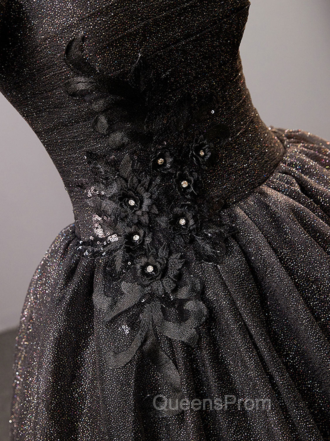 Black Square Neckline Tulle Long Evening Prom Dress, Shiny Tulle Black Evening Dress
