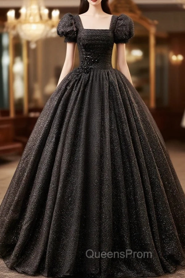 Black Square Neckline Tulle Long Evening Prom Dress, Shiny Tulle Black Evening Dress Main image