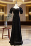 Black Square Puff Sleeve Button Evening Prom Dress