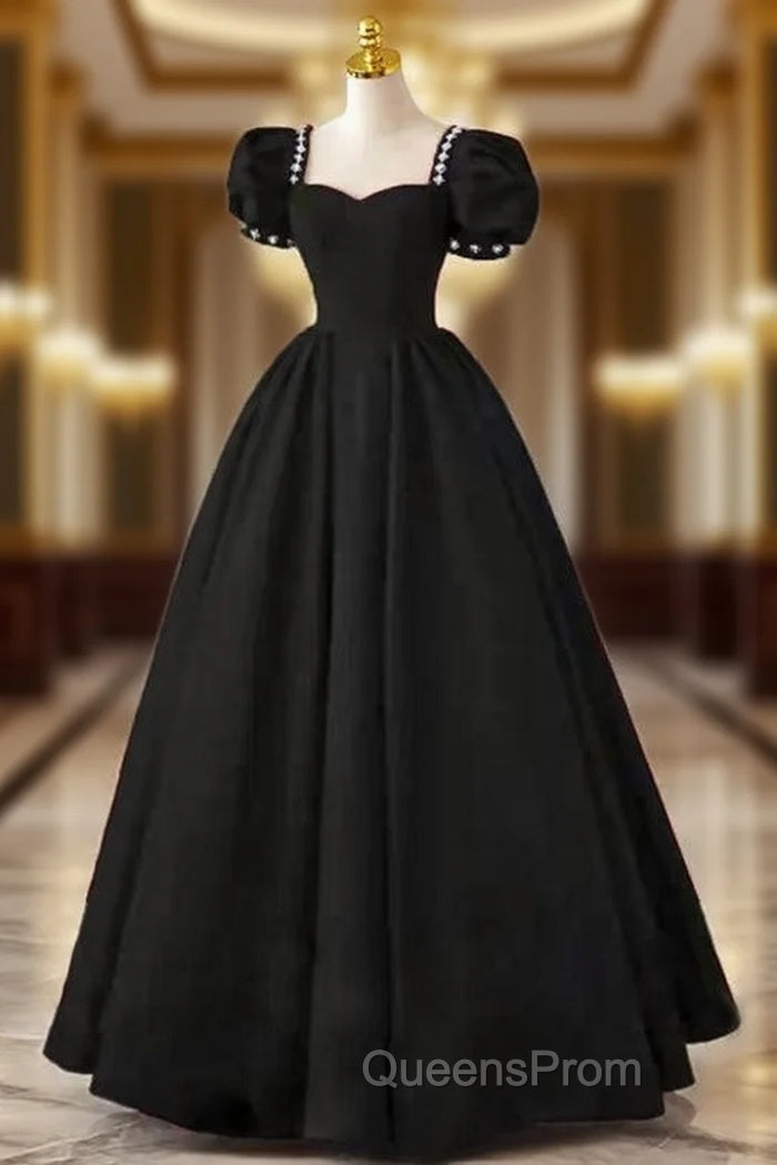 Black Square Puff Sleeve Crystal Evening Prom Dres
