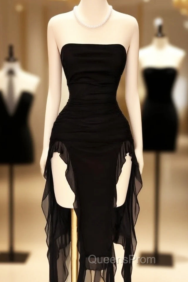 Black Strapless Midi Length Ruffle Evening Prom Dress Sexy Evening Dress Main image