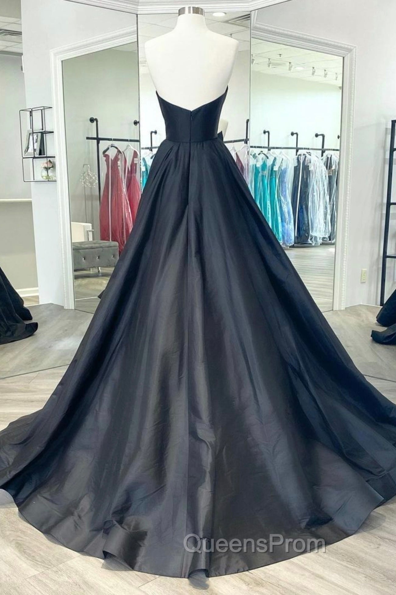 Black Strapless Satin Long Evening Prom Dress, Black A-Line Evening Dress