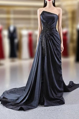 Black Strapless Satin Pleats Beading Evening Prom Dress