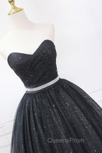 Black Strapless Shiny Tulle Tea Length Evening Prom Dress, Black A-Line Homecoming Dress