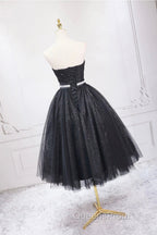 Black Strapless Shiny Tulle Tea Length Evening Prom Dress, Black A-Line Homecoming Dress