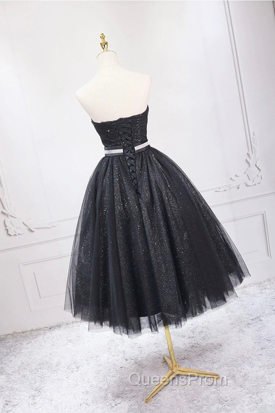 Black Strapless Shiny Tulle Tea Length Evening Prom Dress, Black A-Line Homecoming Dress