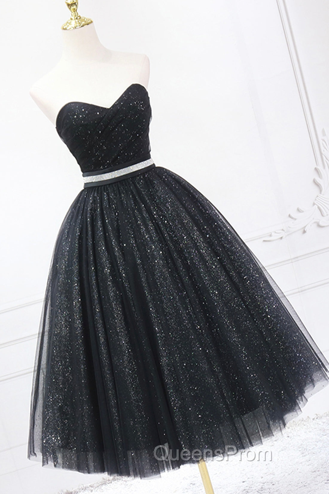 Black Strapless Shiny Tulle Tea Length Evening Prom Dress, Black A-Line Homecoming Dress