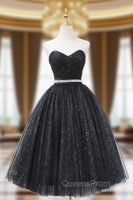 Black Strapless Shiny Tulle Tea Length Evening Prom Dress, Black A-Line Homecoming Dress