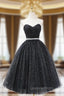 Black Strapless Shiny Tulle Tea Length Evening Prom Dress, Black A-Line Homecoming Dress