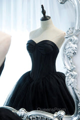 Black Strapless Tulle Long A-Line Evening Prom Dress, Black Evening Gown