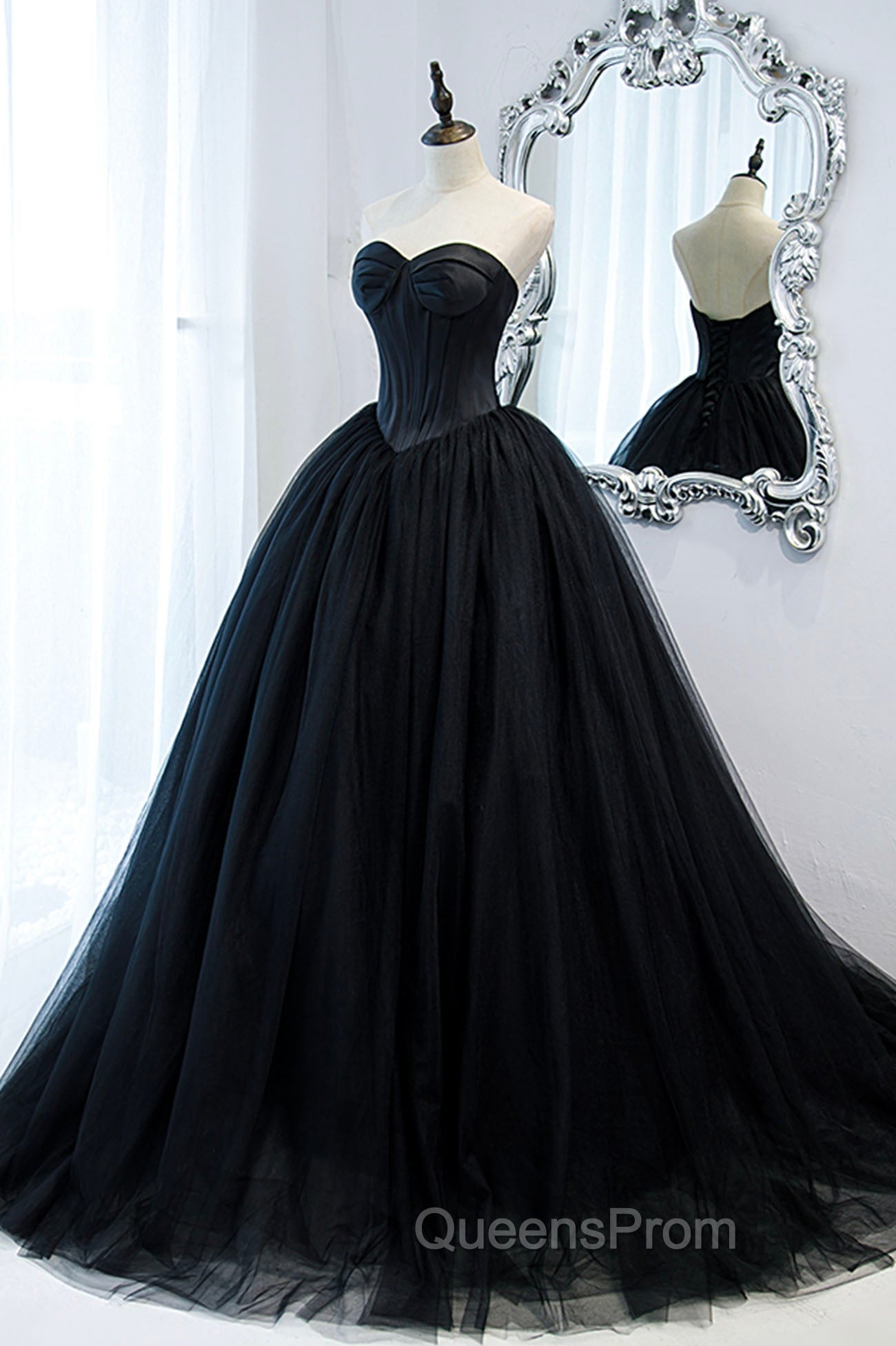 Black Strapless Tulle Long A-Line Evening Prom Dress, Black Evening Gown Main image
