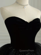 Black Strapless Layered Velvet Tulle Long Evening Prom Dress Evening Dress
