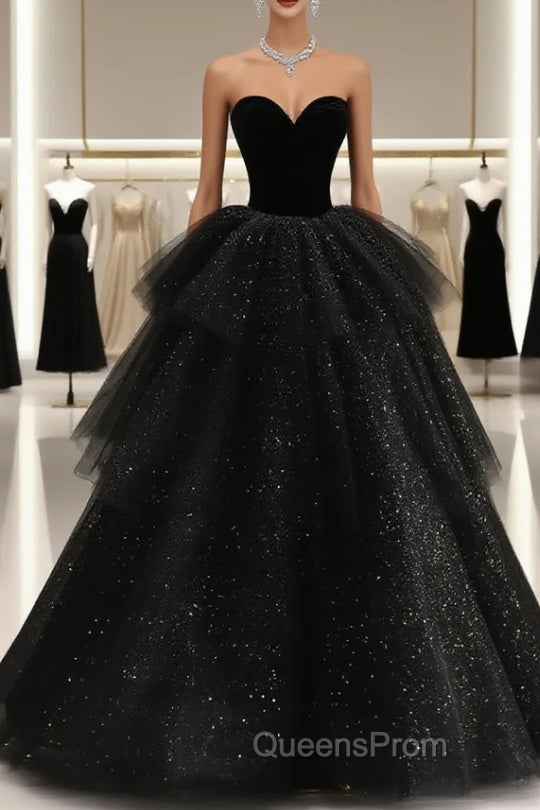 Black Strapless Layered Velvet Tulle Long Evening Prom Dress Evening Dress Main image