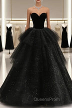 Black Strapless Layered Velvet Tulle Long Evening Prom Dress Evening Dress