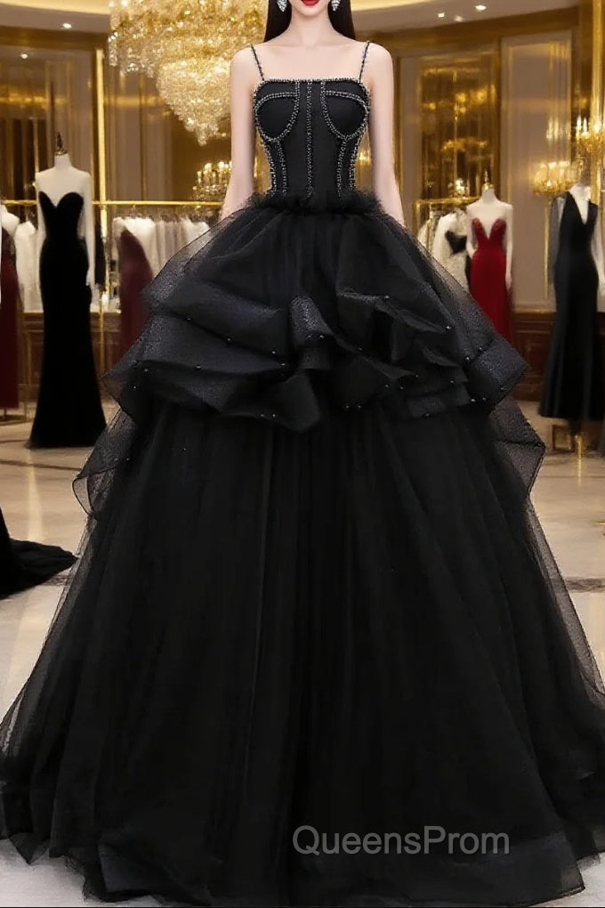Black Straps Beaded Scoop Tulle Long Formal Dress, Black Tulle Sweet 16 Dress Main image