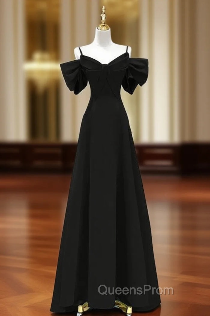 Black Straps Bow Long Evening Prom Dress