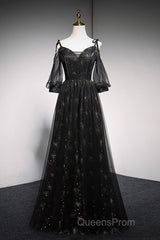 Black Straps Tulle Long Party Dress With Sleeves Evening Dress, Black A-Line Evening Prom Dress Party Dress